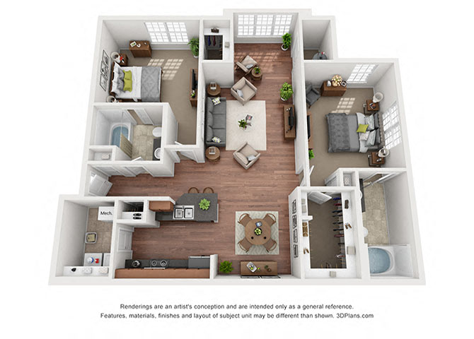 Floor plan for 2 beds, 2 baths, 1116 sqft